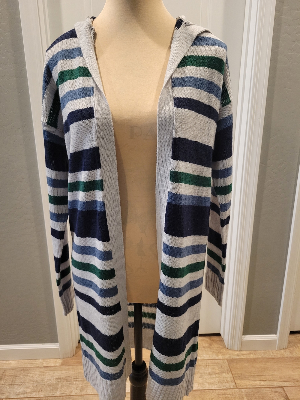 Open-Front Hooded Striped Cardigan in Light Gray, Navy & Green